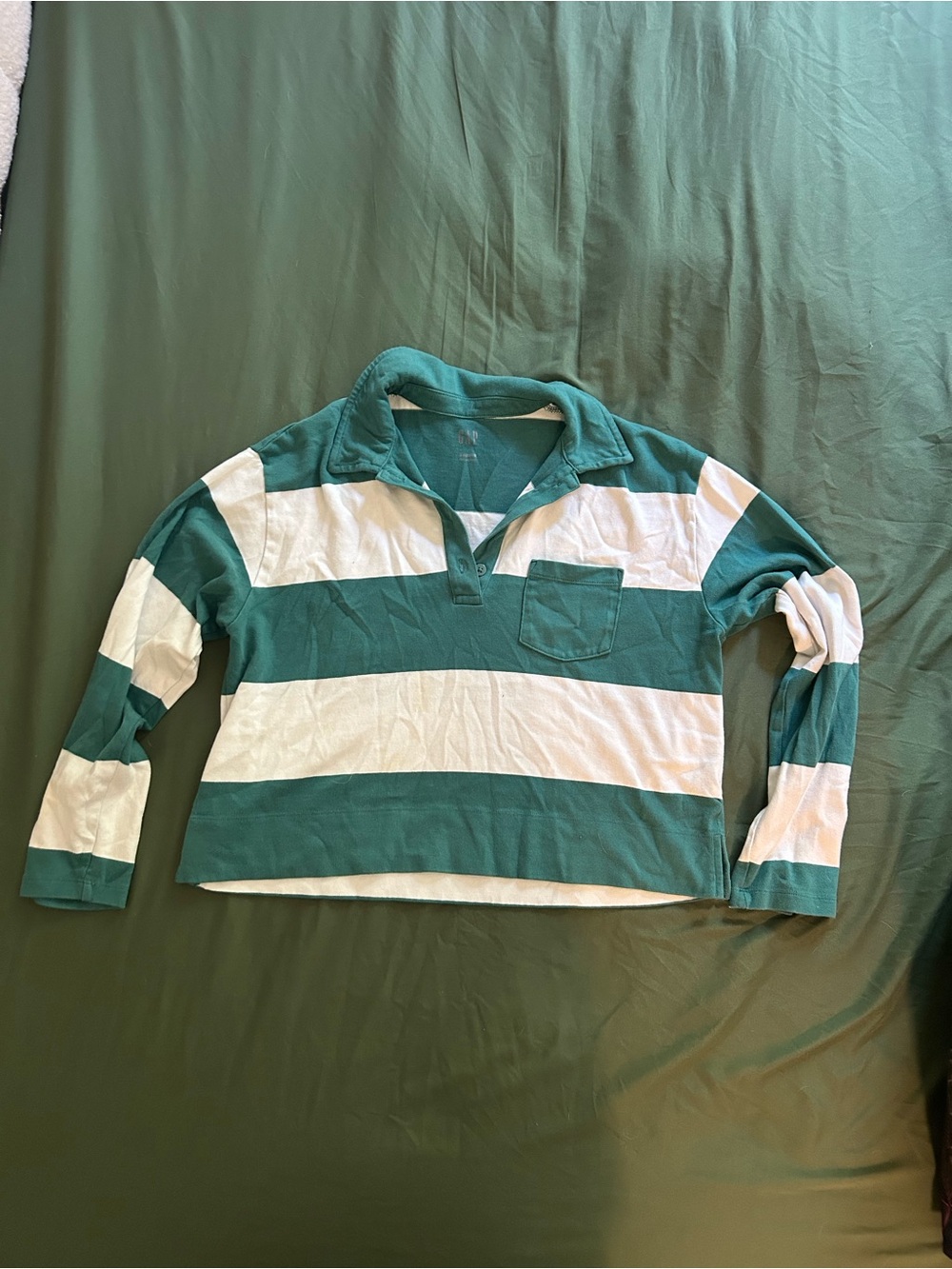 GAP Green and White Striped Rugby Polo Top